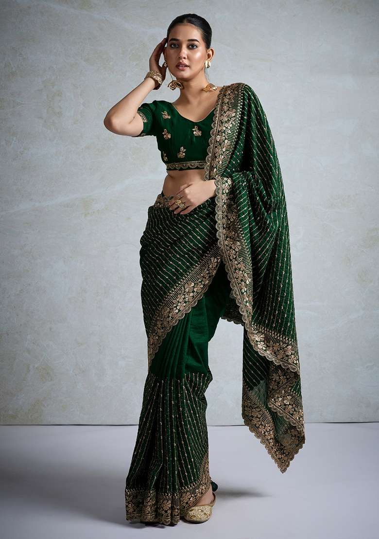 Dark Green Printed Vichitra Silk Blend Saree Set - Indya