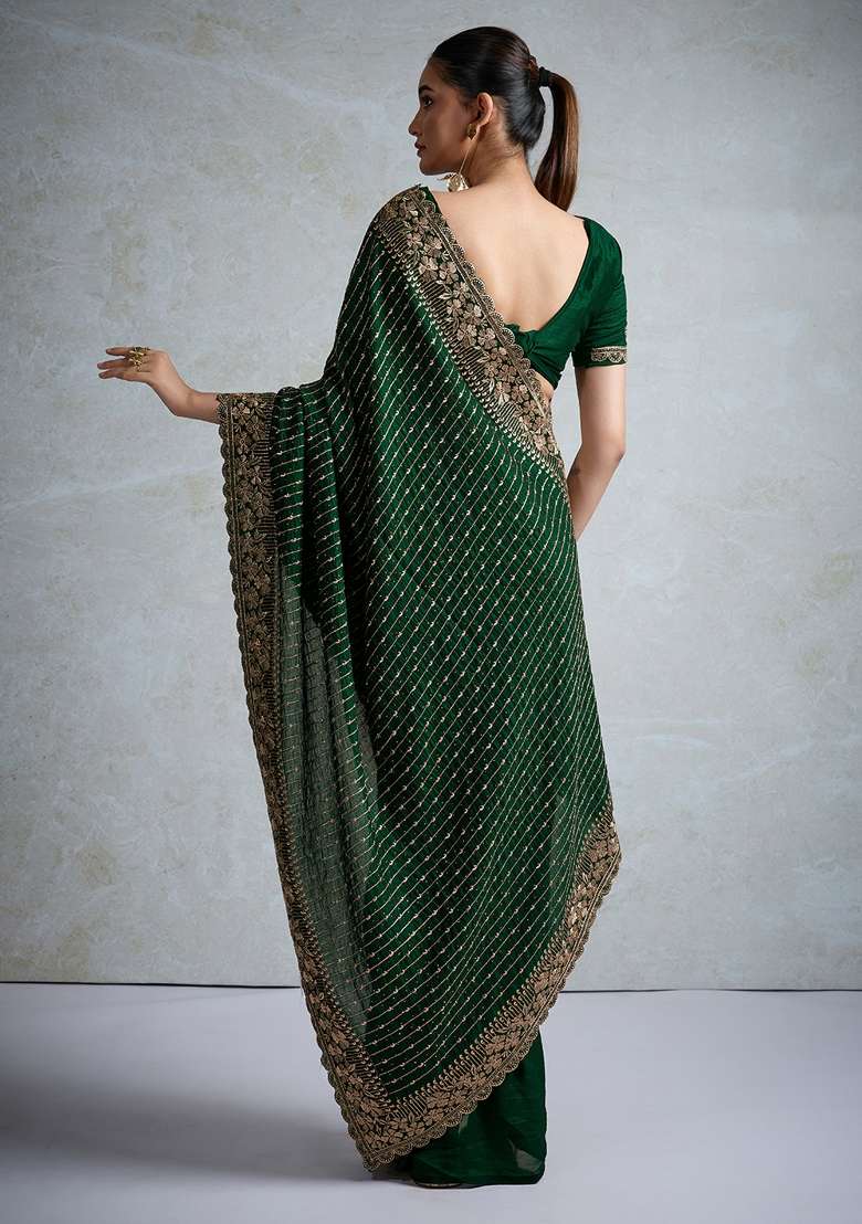 Dark Green Printed Vichitra Silk Blend Saree Set - Indya
