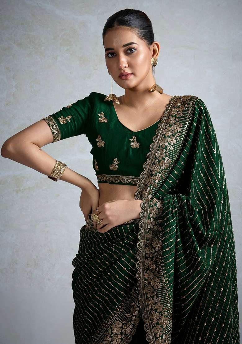 Dark Green Printed Vichitra Silk Blend Saree Set - Indya