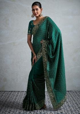 Teal Green Printed Vichitra Silk Saree Set