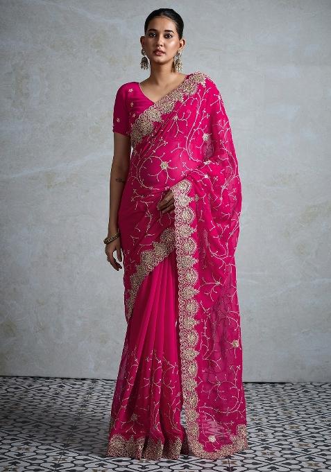 Pink Printed Georgette Saree Set — view on Indya
