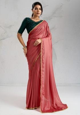 Brown Printed Silk Blend Saree Set
