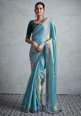 Teal Blue Printed Satin Saree Set