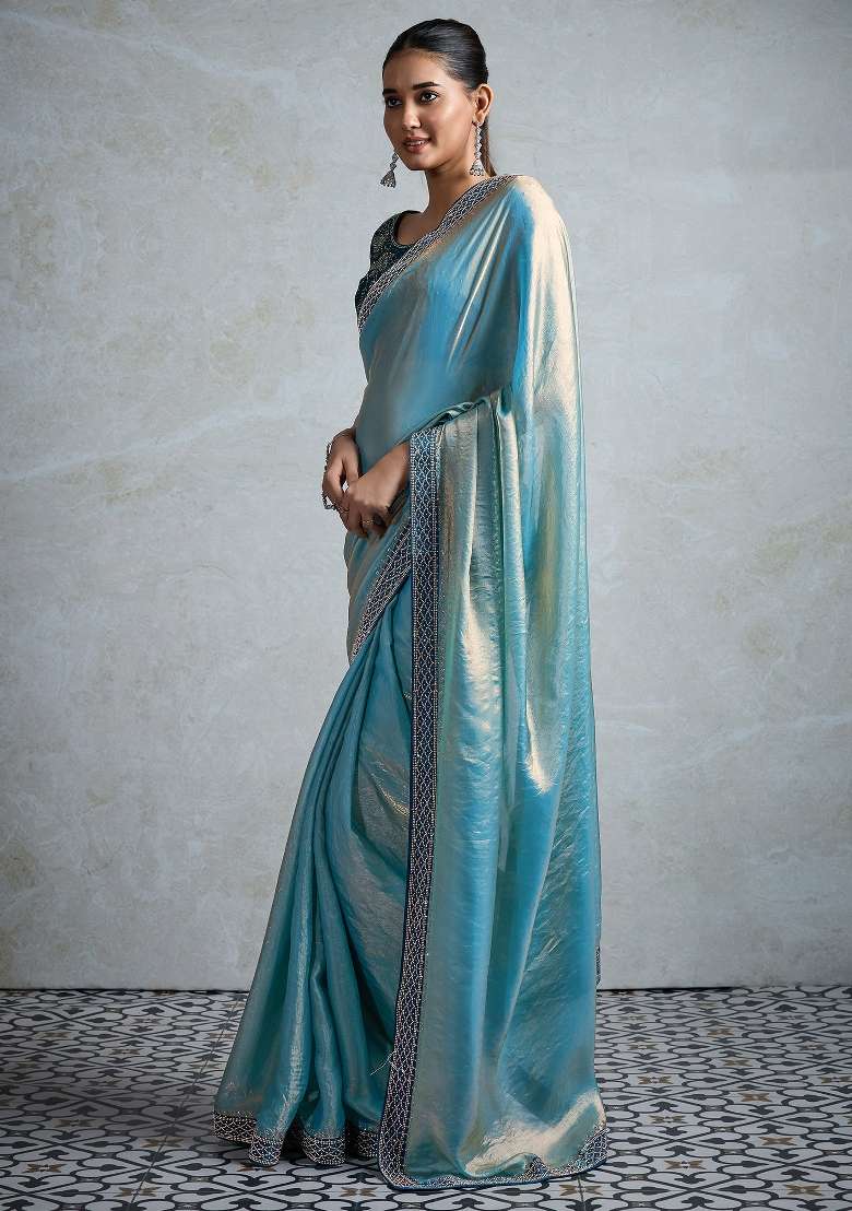 Teal Blue Printed Satin Saree Set - Indya