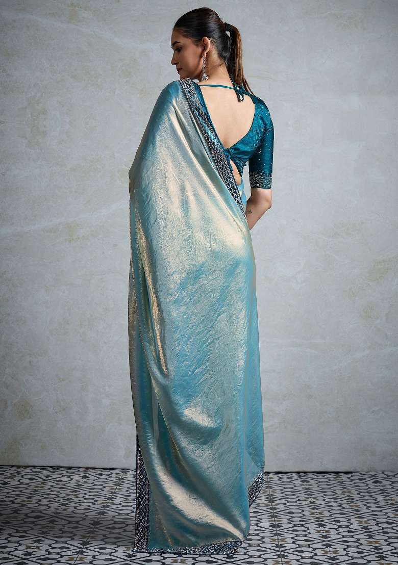 Teal Blue Printed Satin Saree Set - Indya