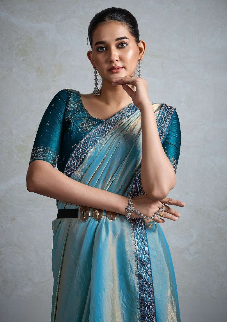 Teal Blue Printed Satin Saree Set - Indya