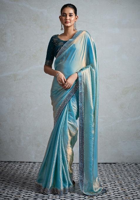 Teal Blue Printed Satin Saree Set — view on Indya