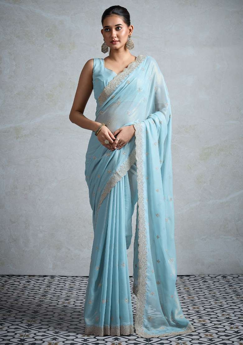 Light Blue Printed Georgette Saree Set - Indya