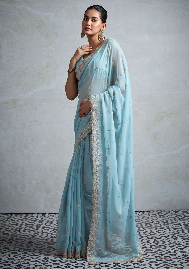 Light Blue Printed Georgette Saree Set - Indya