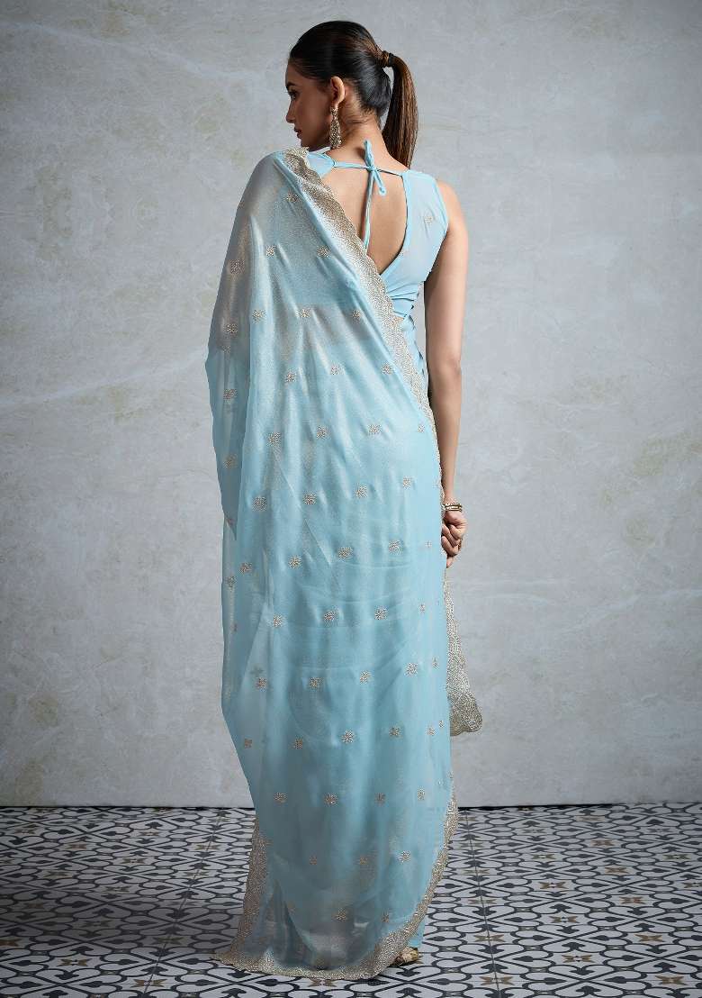 Light Blue Printed Georgette Saree Set - Indya