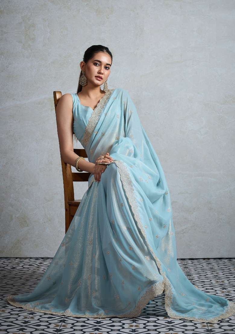 Light Blue Printed Georgette Saree Set - Indya