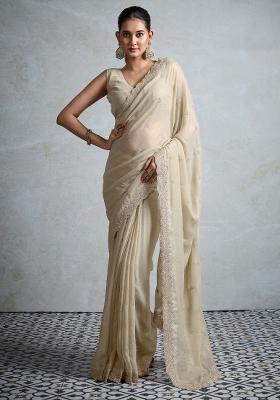 Cream Printed Georgette Saree Set
