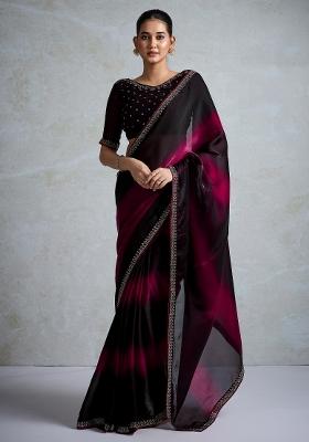 Pink Printed Satin Saree Set