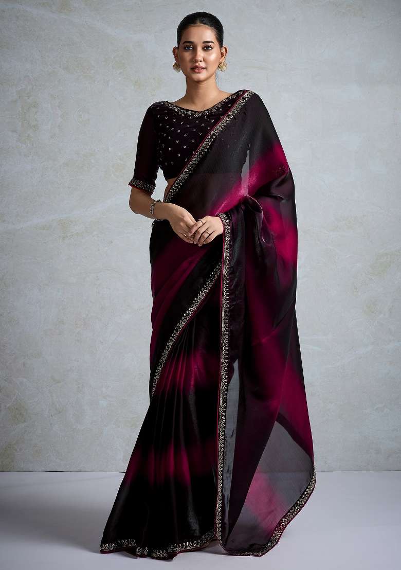 Pink Printed Satin Saree Set - Indya