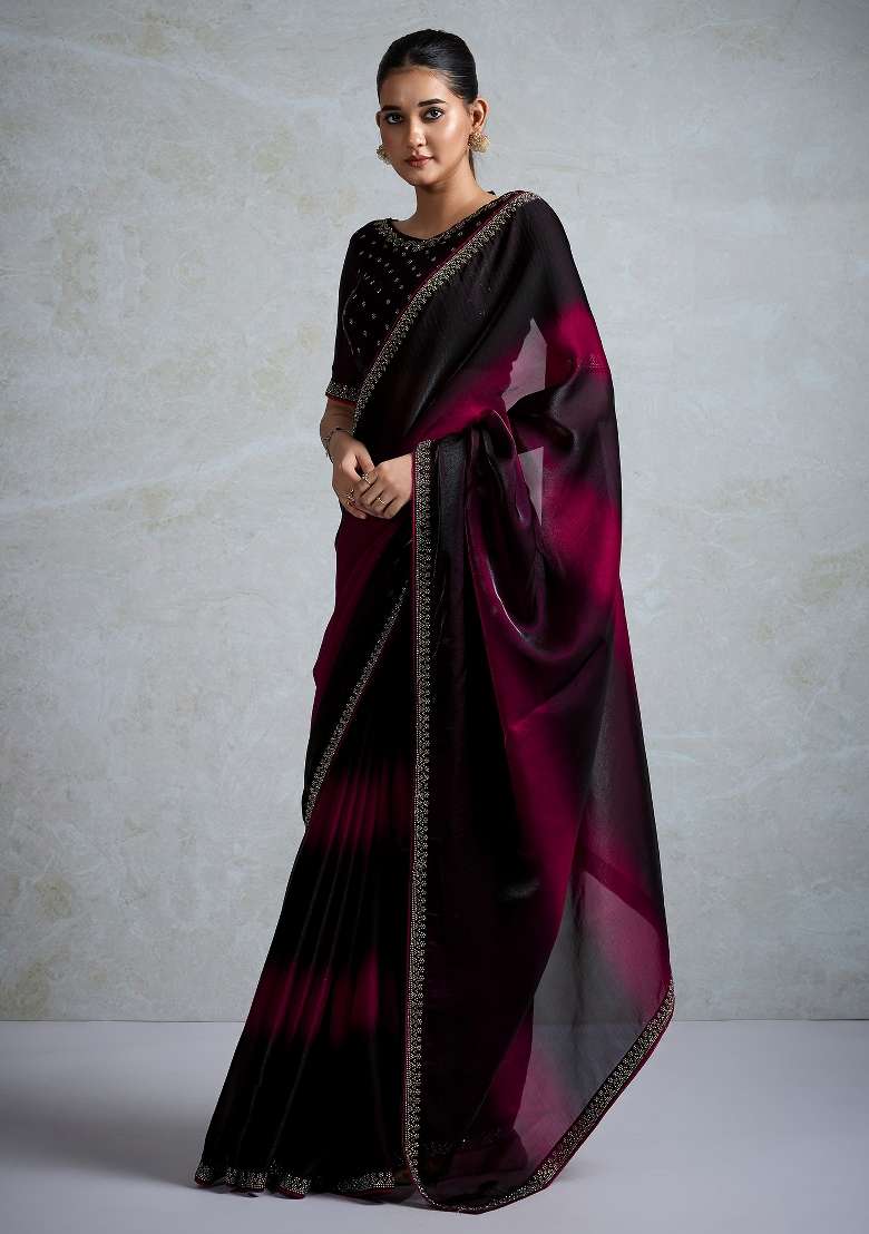 Pink Printed Satin Saree Set - Indya