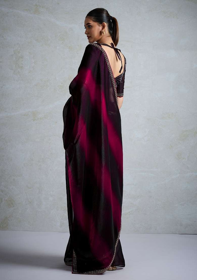 Pink Printed Satin Saree Set - Indya