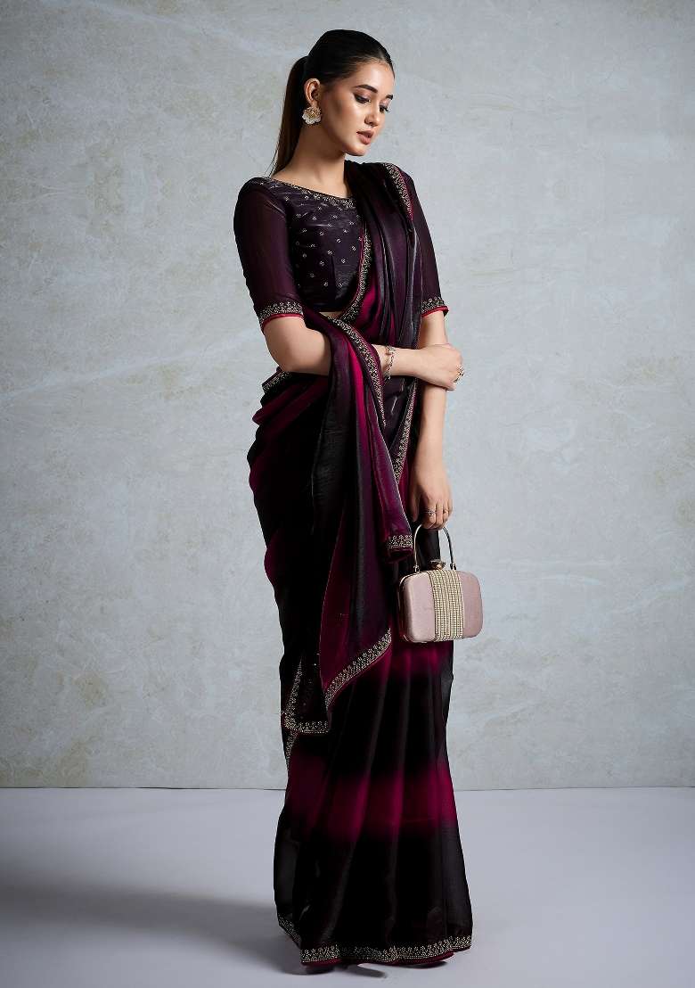 Pink Printed Satin Saree Set - Indya