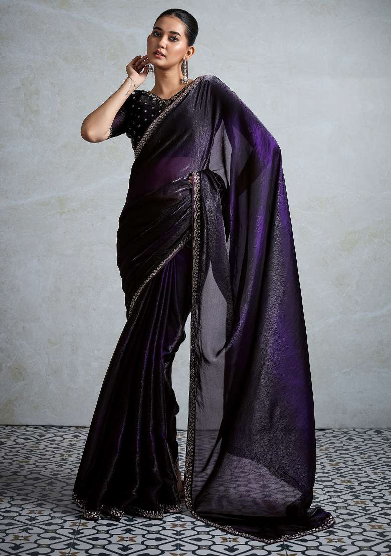 Purple Printed Satin Saree Set - Indya