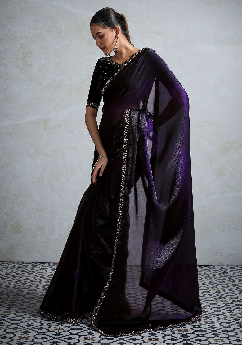 Purple Printed Satin Saree Set - Indya