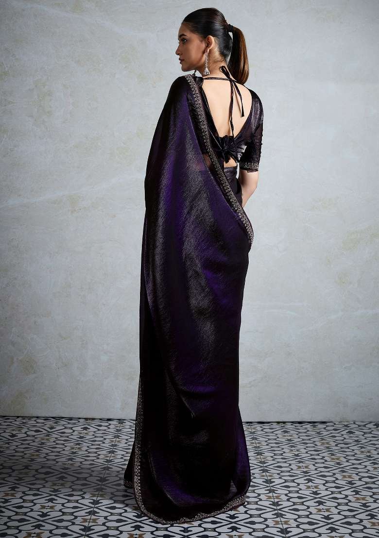 Purple Printed Satin Saree Set - Indya