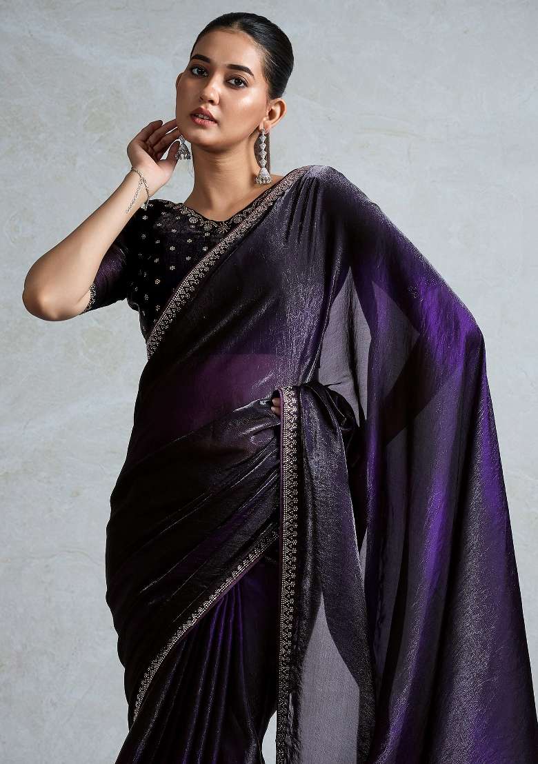 Purple Printed Satin Saree Set - Indya