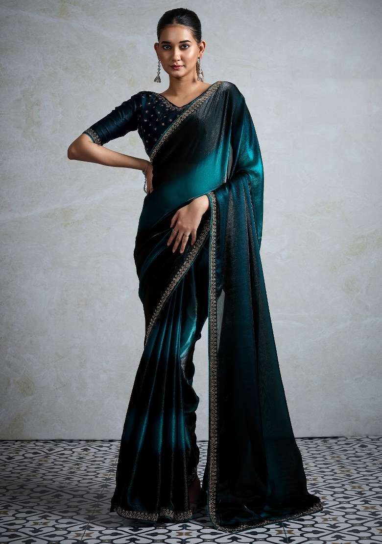 Blue Printed Satin Saree Set - Indya