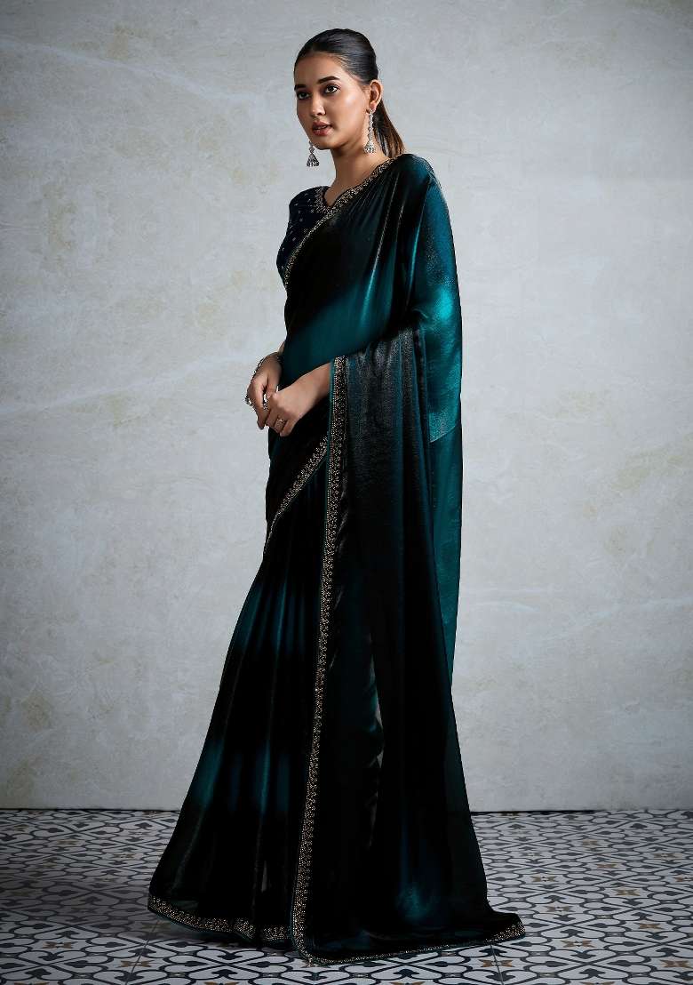Blue Printed Satin Saree Set - Indya