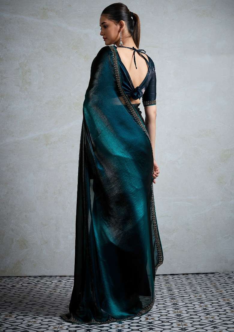 Blue Printed Satin Saree Set - Indya