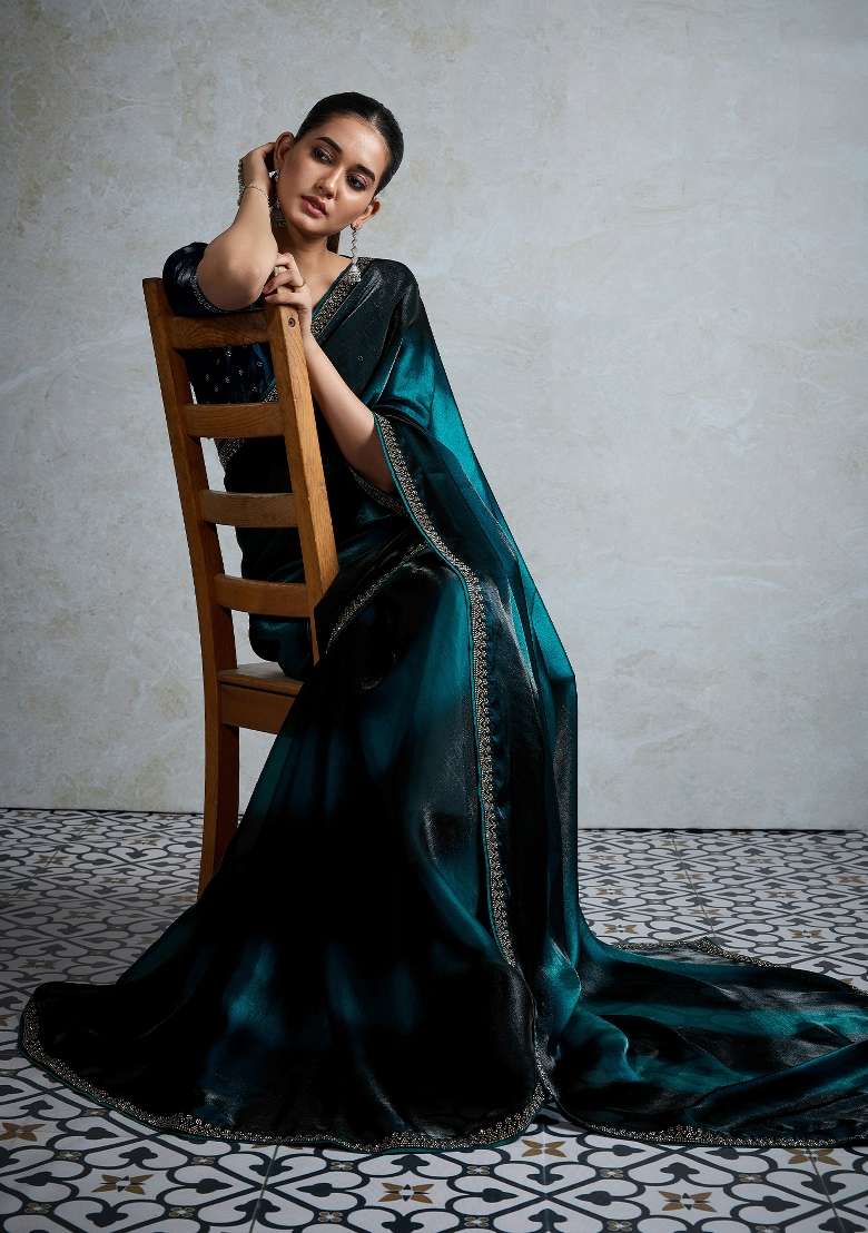 Blue Printed Satin Saree Set - Indya