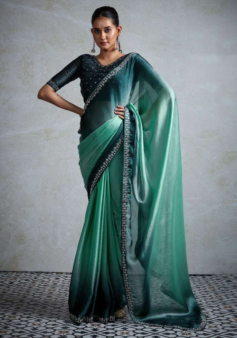 Sea Green Printed Satin Saree Set - Indya