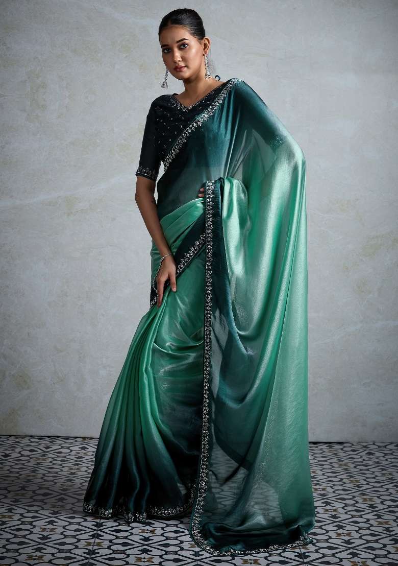 Sea Green Printed Satin Saree Set - Indya