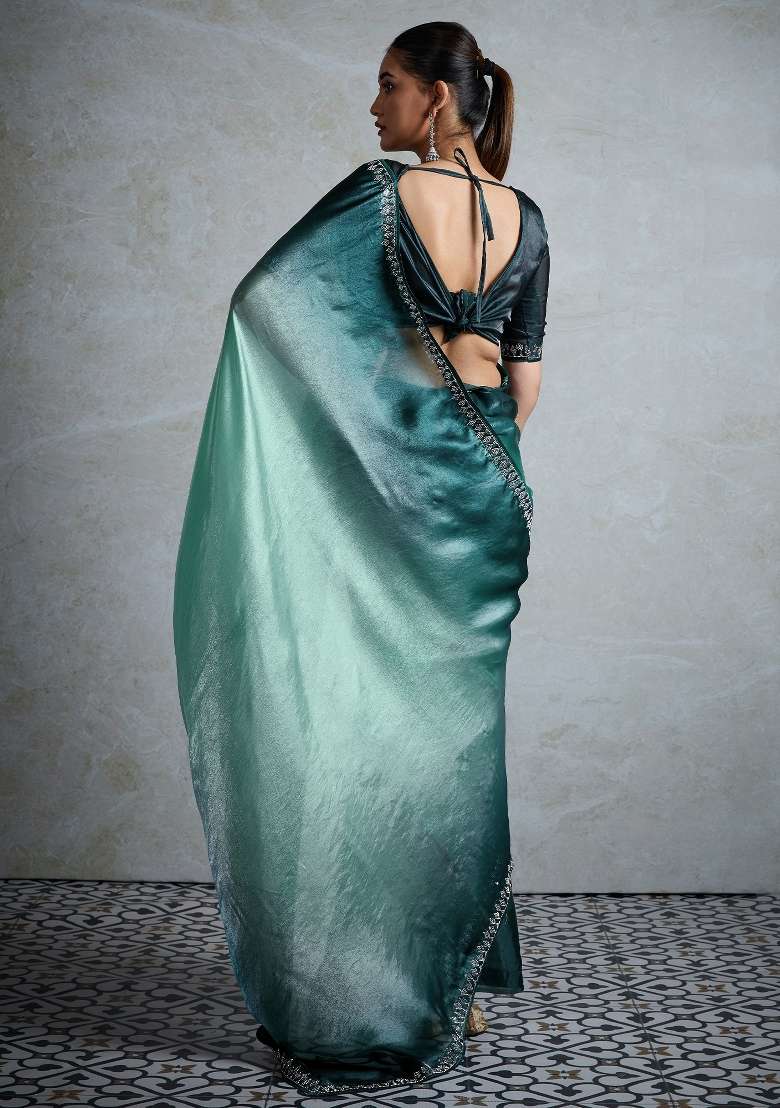 Sea Green Printed Satin Saree Set - Indya