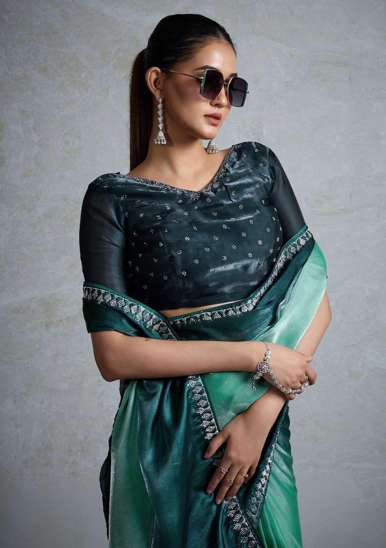 Sea Green Printed Satin Saree Set - Indya