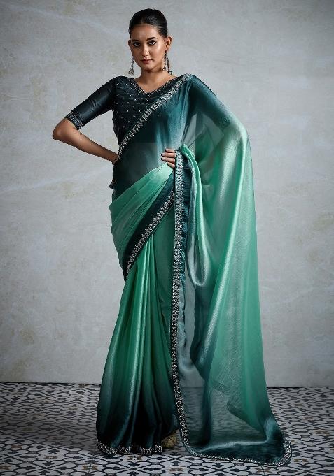 Sea Green Printed Satin Saree Set — view on Indya