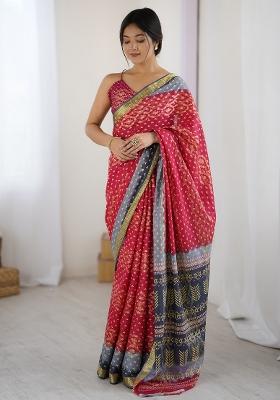 Pink Printed Cotton Saree Set