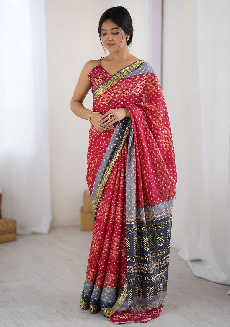 Pink Cotton Saree Set with Printed for Diwali | Wedding & Festive Wear - Indya