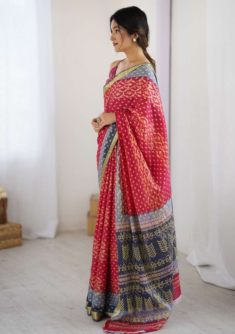 Pink Cotton Saree Set with Printed for Diwali | Wedding & Festive Wear - Indya
