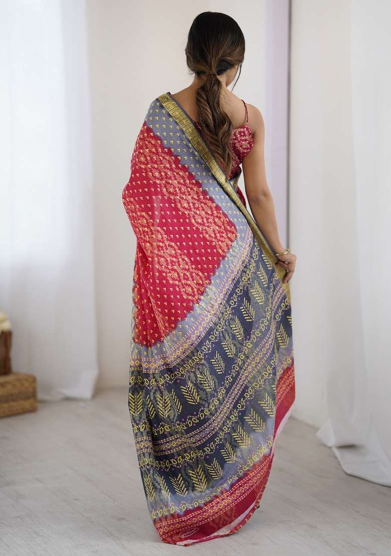 Pink Cotton Saree Set with Printed for Diwali | Wedding & Festive Wear - Indya