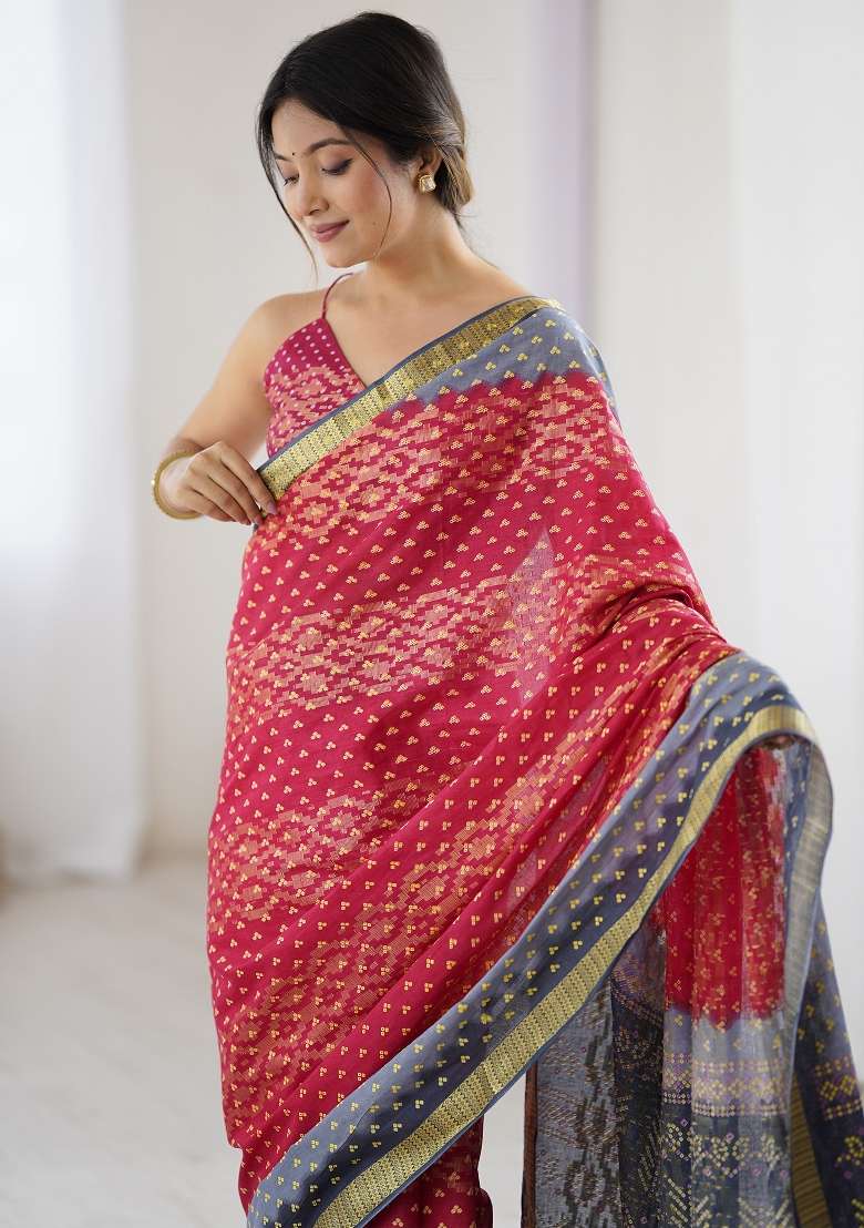 Pink Cotton Saree Set with Printed for Diwali | Wedding & Festive Wear - Indya
