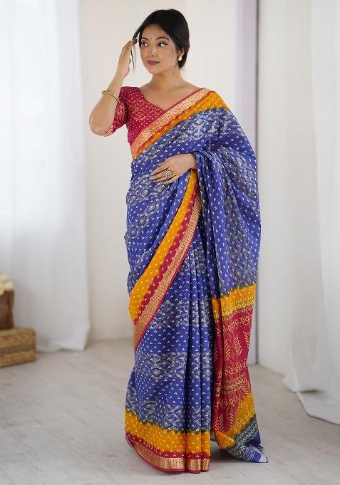 Blue Printed Cotton Saree Set — view on Indya
