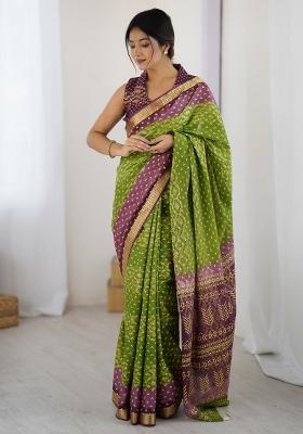 Light Green Printed Cotton Saree Set