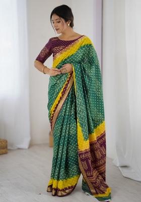 Teal Green Printed Cotton Saree Set