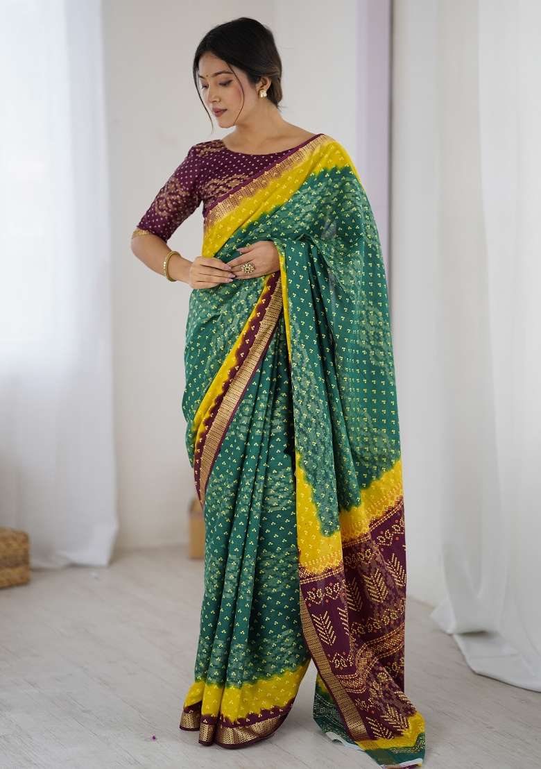 Teal Green Printed Cotton Saree Set - Indya