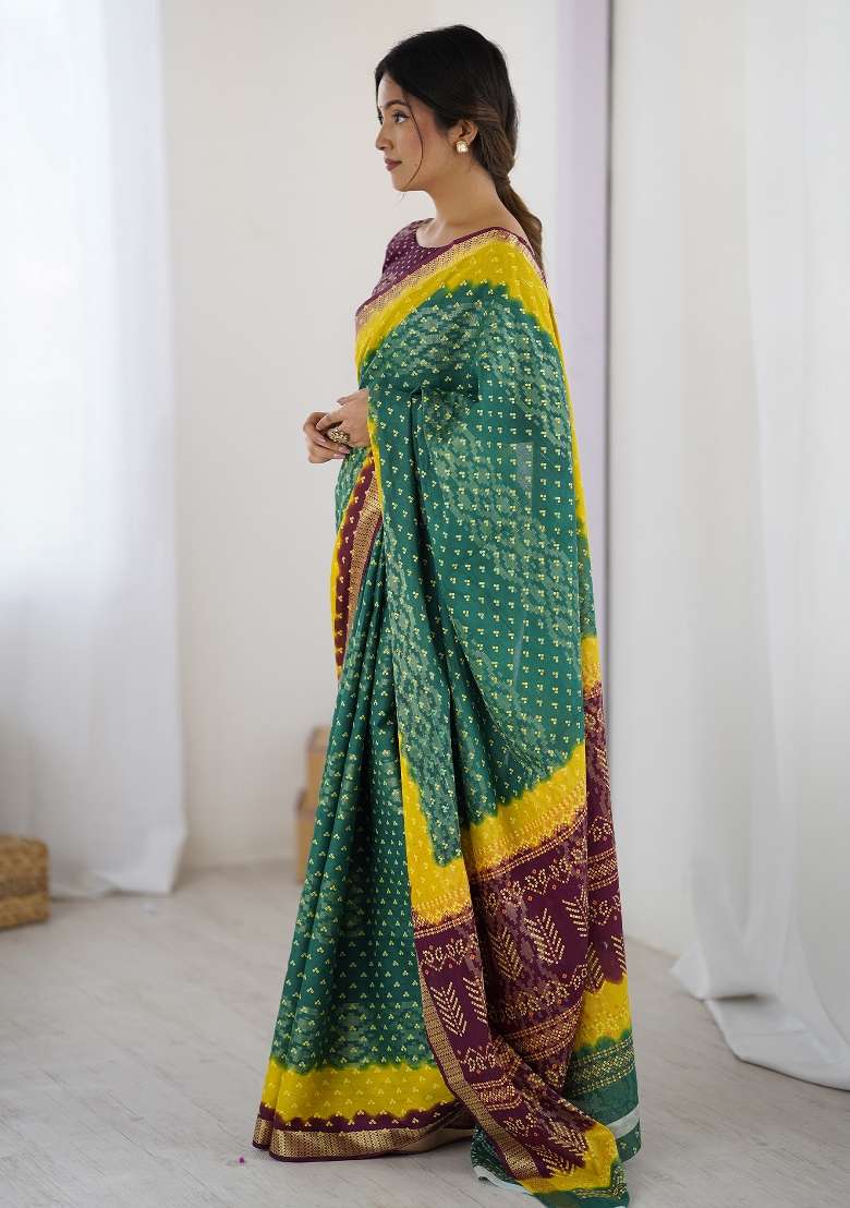 Teal Green Printed Cotton Saree Set - Indya