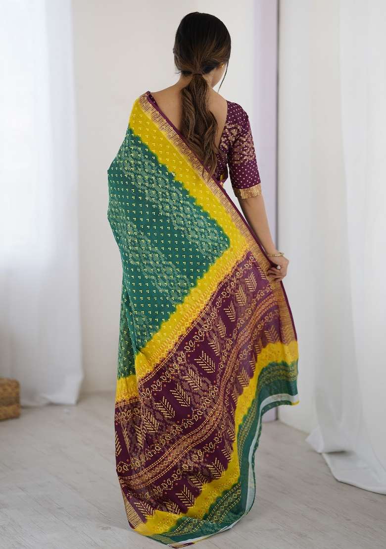 Teal Green Printed Cotton Saree Set - Indya