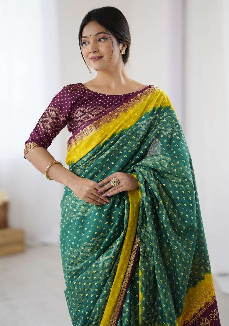Teal Green Printed Cotton Saree Set - Indya