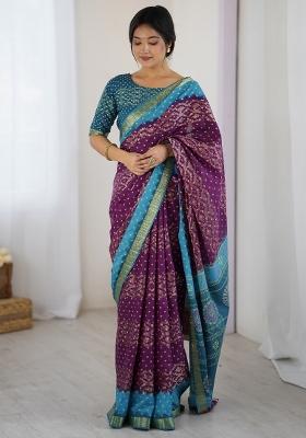 Purple Printed Cotton Saree Set