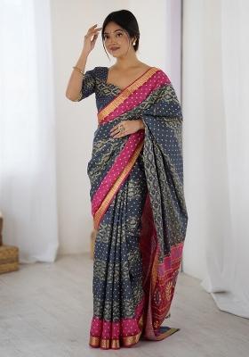 Charcoal Grey Printed Cotton Saree Set