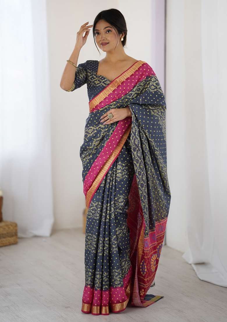 Charcoal Grey Cotton Saree Set with Printed for Diwali | Wedding & Festive Wear - Indya