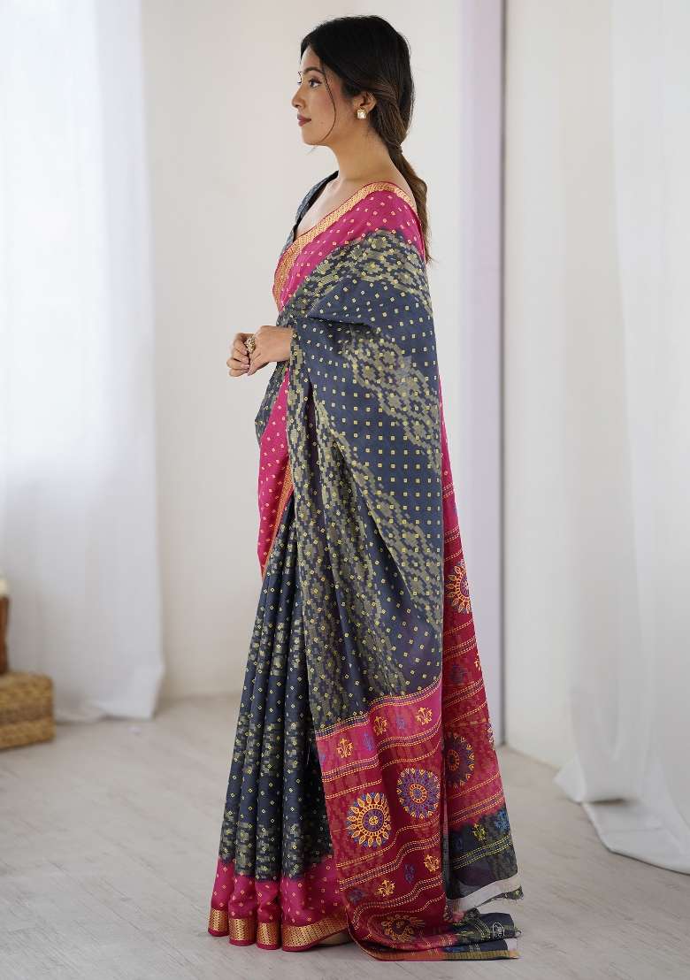 Charcoal Grey Cotton Saree Set with Printed for Diwali | Wedding & Festive Wear - Indya
